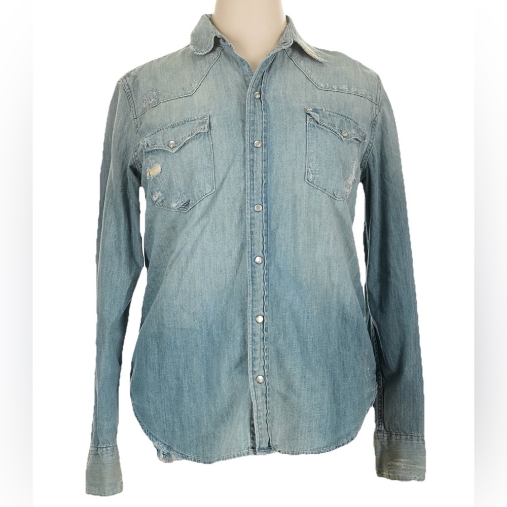 Ralph Lauren Dungarees Distressed Denim Button Up Shirt Pearl Snap Western Women - Picture 3 of 10